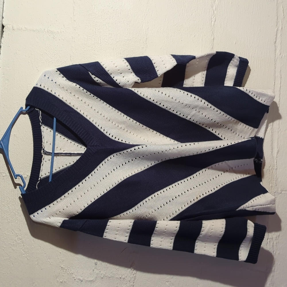 Navy Blue and White V-Neck Sweater